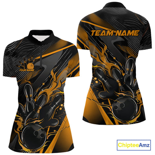 Custom Black And Yellow Flame Bowling Team Women Quarter-Zip Shirts, Fire Bowling Jerseys IPHW9781