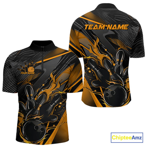 Custom Black And Yellow Flame Bowling Team Men Quarter-Zip Shirts, Fire Bowling Jerseys IPHW9781