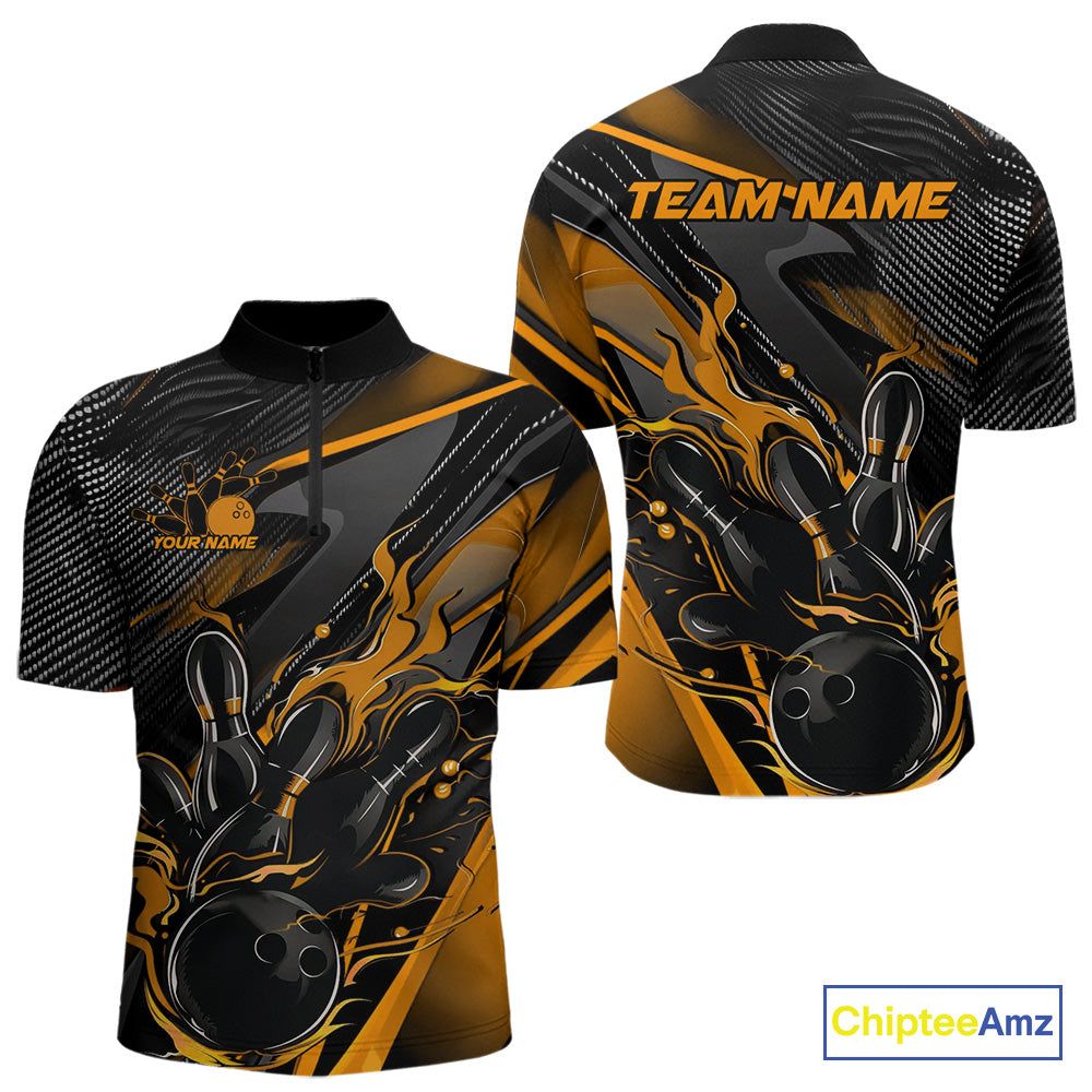 Custom Black And Yellow Flame Bowling Team Men Quarter-Zip Shirts, Fire Bowling Jerseys IPHW9781