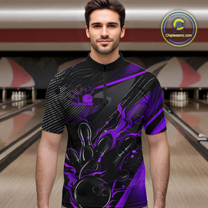 Custom Black And Purple Flame Bowling Team Men Quarter-Zip Shirts, Fire Bowling Jerseys IPHW9782