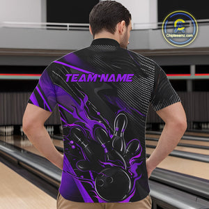 Custom Black And Purple Flame Bowling Team Men Quarter-Zip Shirts, Fire Bowling Jerseys IPHW9782