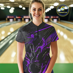 Custom Black And Purple Flame Bowling Team Women Quarter-Zip Shirts, Fire Bowling Jerseys IPHW9782