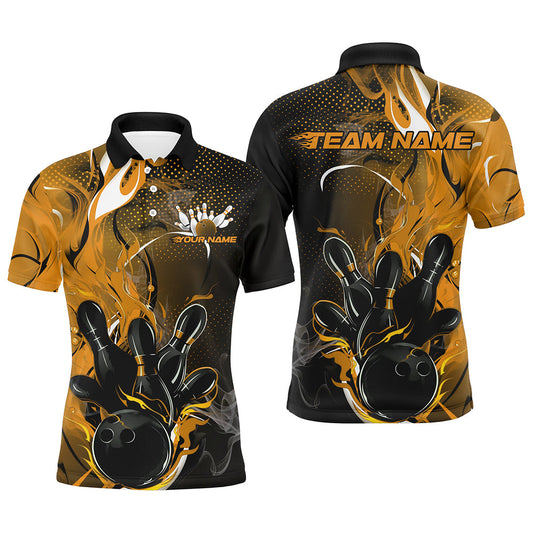 Black And Gold Custom Flame Bowling Polo Shirts For Men, Yellow Fire Bowling Team Shirt IPHW8239