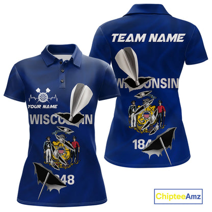 Custom Wisconsin State Flag Silver Dart Steel Tip Dart Women Polo Shirt, Dart Team Jerseys IPHW10560