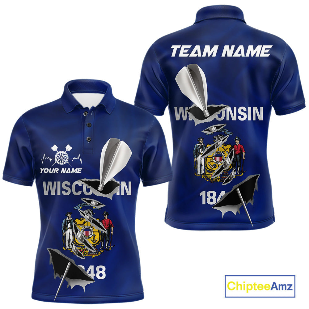 Custom Wisconsin State Flag Silver Dart Steel Tip Dart Men Polo Shirt, Dart Team Jerseys IPHW10560