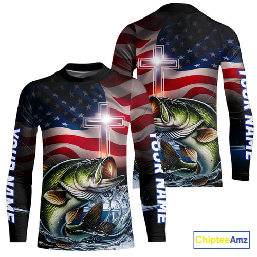 Custom Patrotic Largemouth Bass Kid Long Sleeve Fishing Shirts, Faith Bass Fishing Shirt IPHW9204