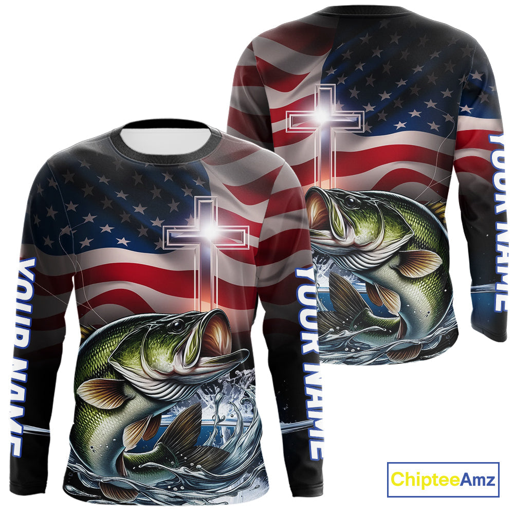Custom Patrotic Largemouth Bass Long Sleeve Fishing Shirts, Faith Bass Fishing Shirt IPHW9204