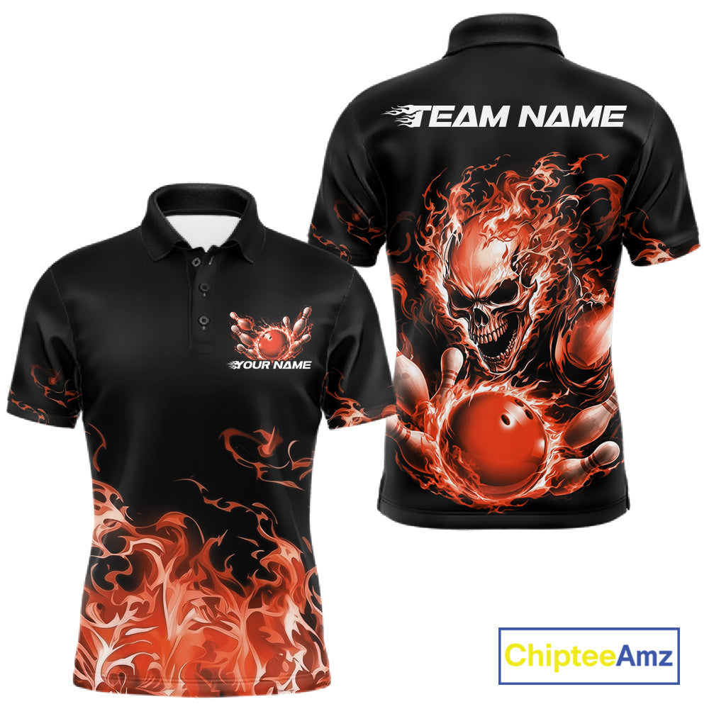 Front and back views of a black bowling polo with orange flame graphics, a skull holding a orange bowling ball, and customizable name and team text.