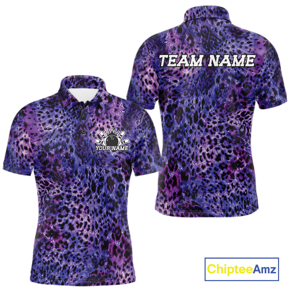 Front and back views of a purple, and black leopard-print bowling shirt with customizable “Your Name” and “Team Name” text.
