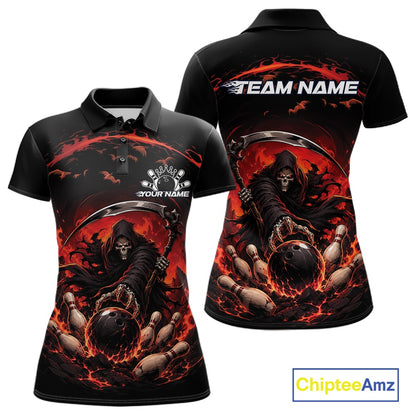 Front and back view of a women's bowling polo shirt mockup showcasing a grim reaper commanding a blazing bowling ball crashing into scattered pins through swirling flames on a black and red shirt.