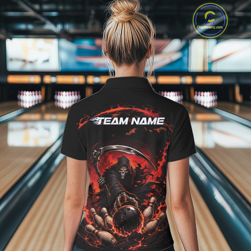 Back view of a female model wearing a black and red bowling polo shirt featuring a grim reaper commanding a blazing bowling ball crashing into scattered pins through swirling flames in a bowling lane.