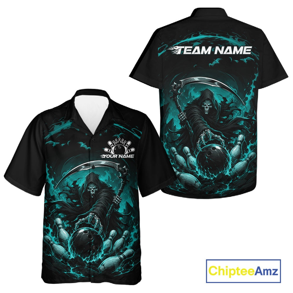 Front and back view of a button-up bowling shirt mockup featuring a grim reaper commanding a blazing bowling ball crashing into scattered pins through swirling flames on a black and cyan blue shirt.