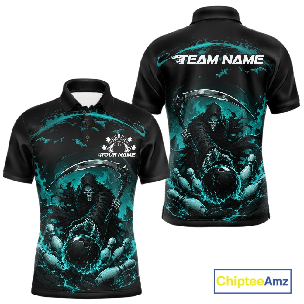 Front and back view of a men's bowling polo shirt mockup featuring a grim reaper reaching through swirling flames to command a blazing bowling ball crashing into scattered pins on a black and cyan blue shirt.