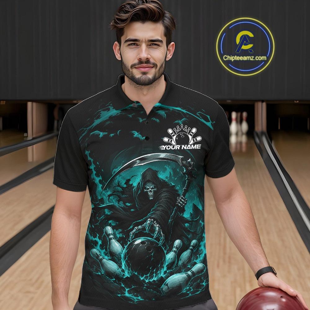 Front view of a male model wearing a black and cyan blue bowling polo shirt featuring a grim reaper commanding a blazing bowling ball crashing through scattered pins amid swirling flames in a bowling lane.
