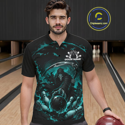 Front view of a male model wearing a black and cyan blue bowling polo shirt featuring a grim reaper commanding a blazing bowling ball crashing through scattered pins amid swirling flames in a bowling lane.