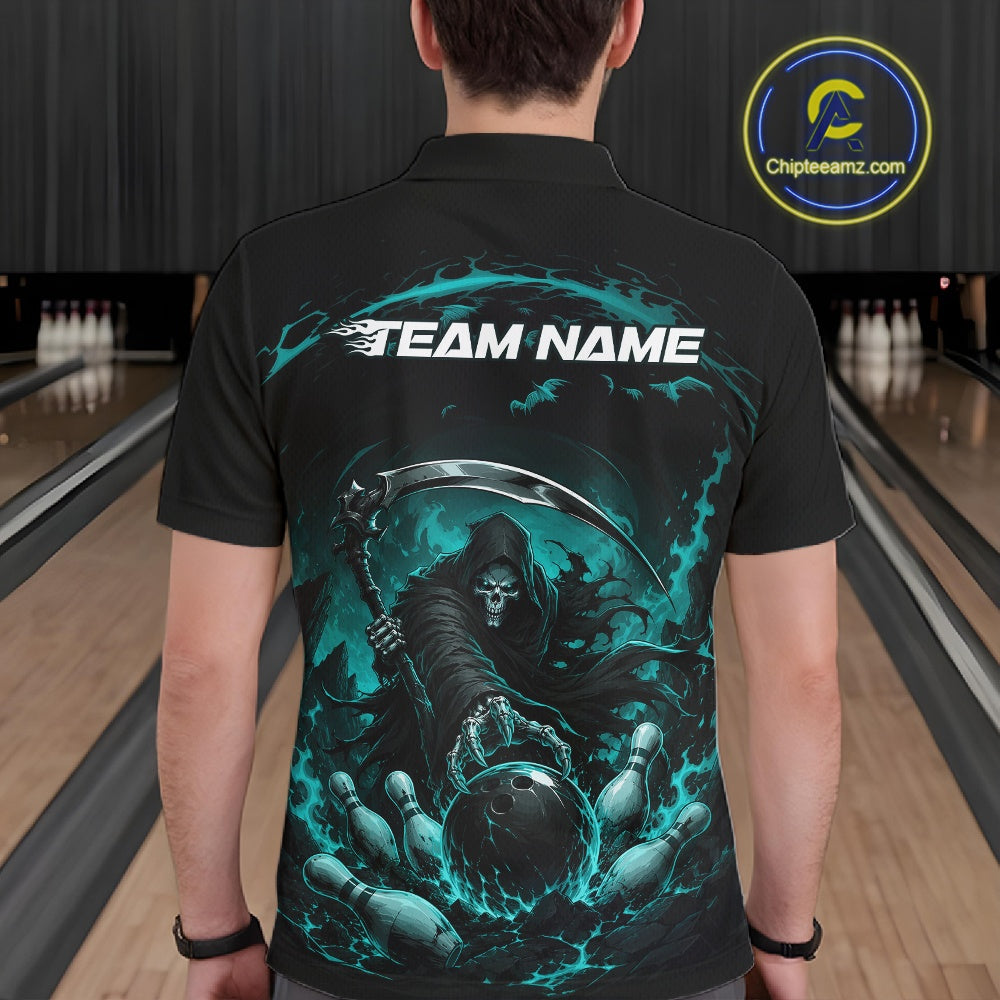 Back view of a male model wearing a black and cyan blue bowling polo shirt featuring a grim reaper commanding a blazing bowling ball crashing through scattered pins amid swirling flames in a bowling lane.