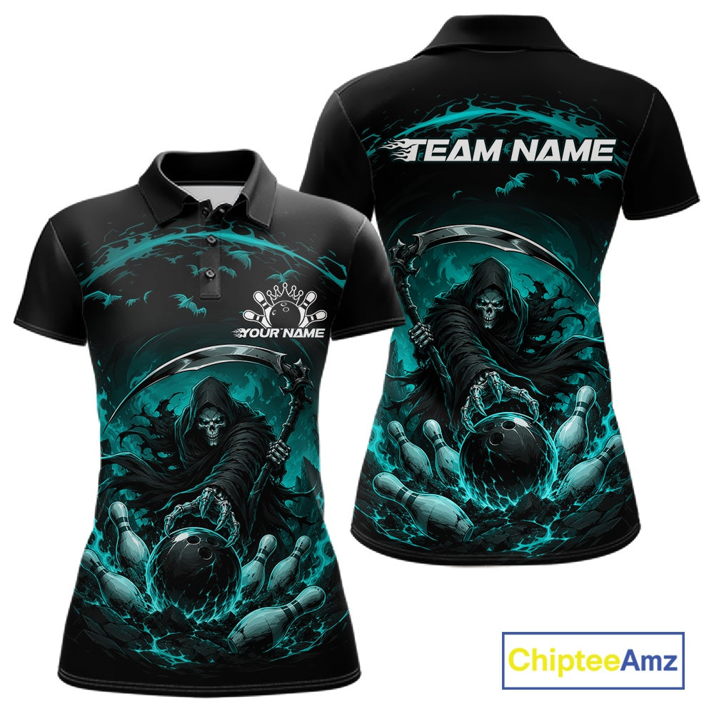 Front and back view of a women's bowling polo shirt mockup featuring a grim reaper reaching through swirling flames to command a blazing bowling ball crashing into scattered pins on a black and cyan blue shirt.