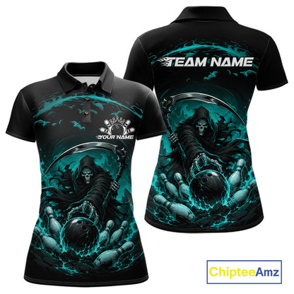 Front and back view of a women's bowling polo shirt mockup featuring a grim reaper reaching through swirling flames to command a blazing bowling ball crashing into scattered pins on a black and cyan blue shirt.
