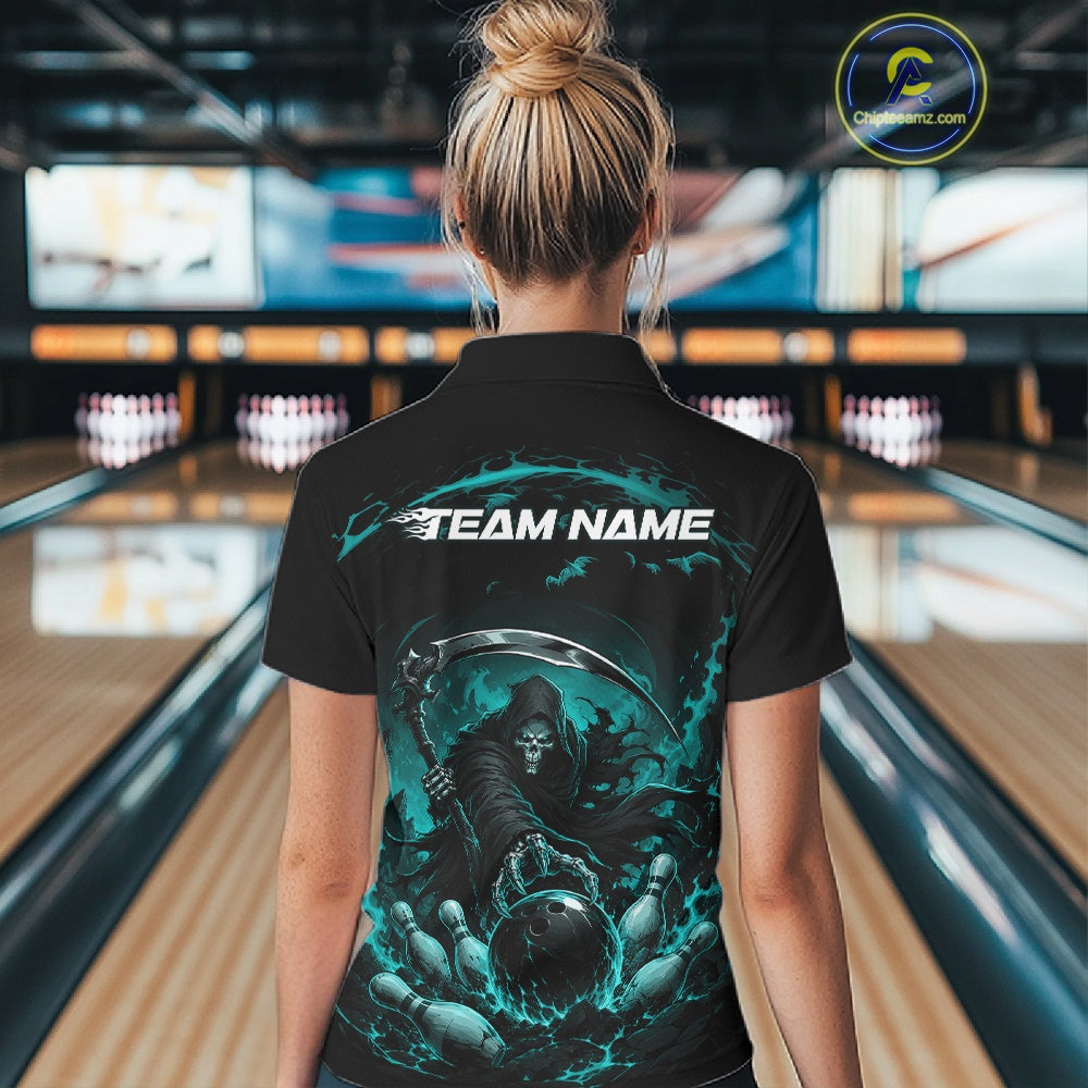 Back view of a female model wearing a black and cyan blue bowling polo shirt showcasing a grim reaper with a blazing bowling ball striking scattered pins amid swirling flames in a bowling lane.