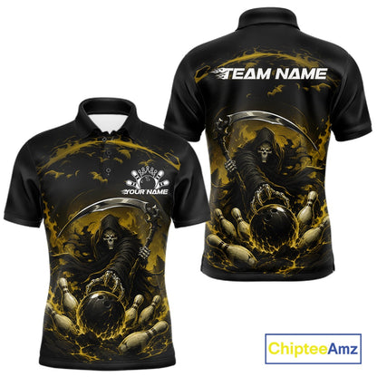 Front and back view of a men's bowling polo shirt mockup featuring a grim reaper reaching through swirling flames to command a blazing bowling ball crashing into scattered pins on a black and yellow shirt.