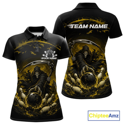 Front and back view of a women's bowling polo shirt mockup featuring a grim reaper reaching through swirling flames to command a blazing bowling ball crashing into scattered pins on a black and yellow shirt.