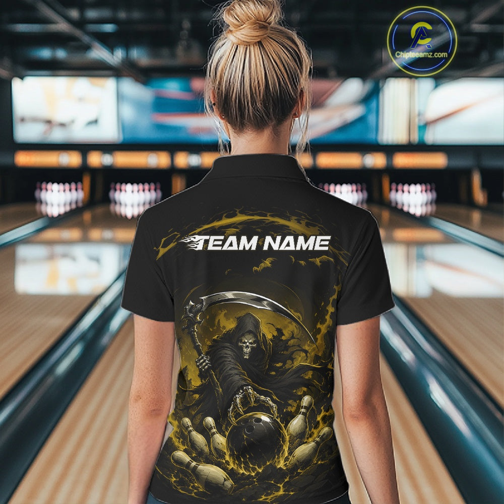 Back view of a female model wearing a black and yellow bowling polo shirt featuring a grim reaper commanding a blazing bowling ball crashing into scattered pins through swirling flames in a bowling lane.