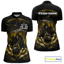 Load image into Gallery viewer, Front and back view of a women's bowling quarter zip mockup featuring a grim reaper commanding a blazing bowling ball crashing through scattered pins amid swirling flames on a black and yellow shirt.