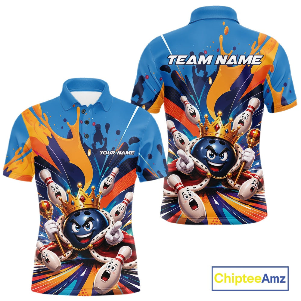Front and back view of a men's bowling polo shirt mockup featuring a crowned cartoon bowling ball with a royal scepter, animated bowling pins, and colorful paint splash artwork.