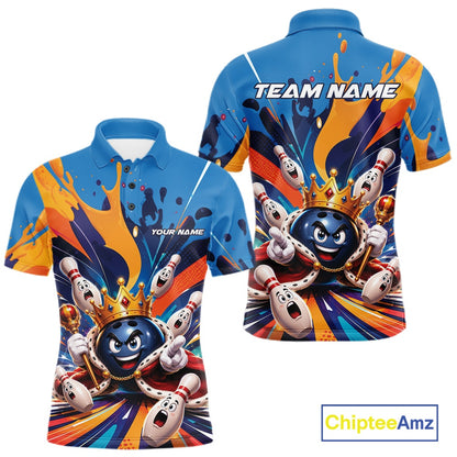 Front and back view of a men's bowling polo shirt mockup featuring a crowned cartoon bowling ball with a royal scepter, animated bowling pins, and colorful paint splash artwork.