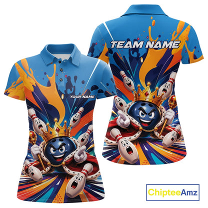 Front and back view of a women's bowling polo shirt mockup showcasing a crowned cartoon bowling ball with a royal scepter, animated bowling pins, and vibrant paint splash artwork.