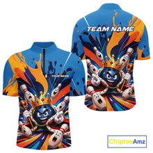 Load image into Gallery viewer, Front and back view of a men's bowling quarter zip shirt mockup featuring a crowned cartoon bowling ball holding a royal scepter surrounded by animated bowling pins and colorful paint splashes.