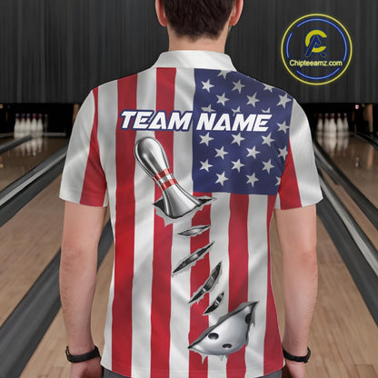Custom US Flag Silver Bowling Ball And Pin Patriotic Bowling Shirts For Men Team Jerseys IPHW10588