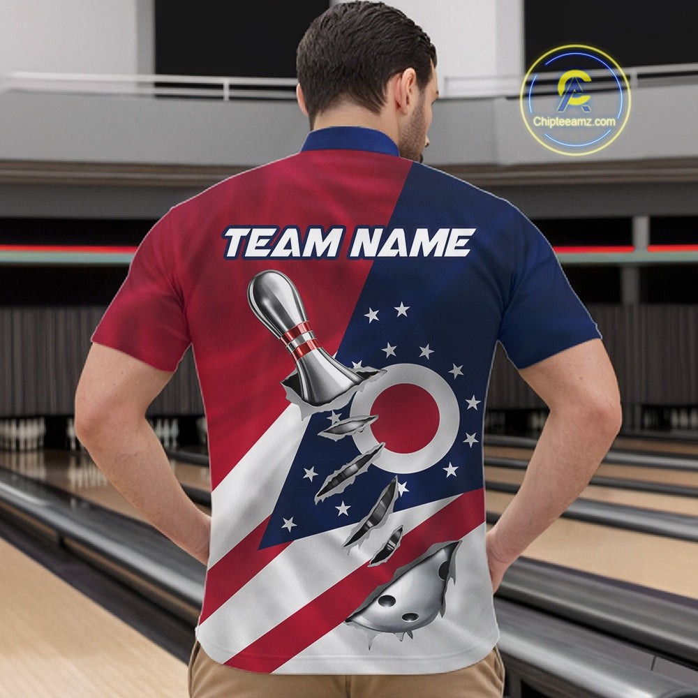 Custom Ohio State Flag Silver Bowling Ball And Pin Patriotic Bowling Shirts For Men IPHW10590