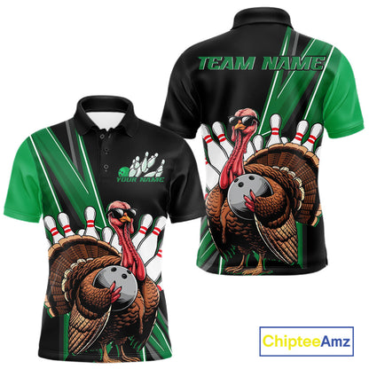 Black And Green Custom Funny Turkey Bowling Men Shirts, Bowling League Team Shirt IPHW10801