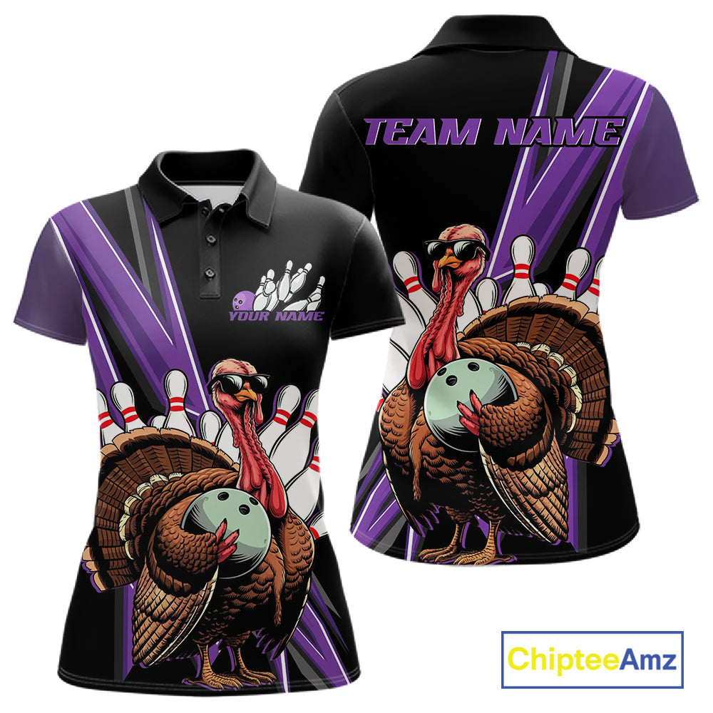 Black And Purple Custom Funny Turkey Bowling Women Shirts, Bowling League Team Shirt IPHW10802