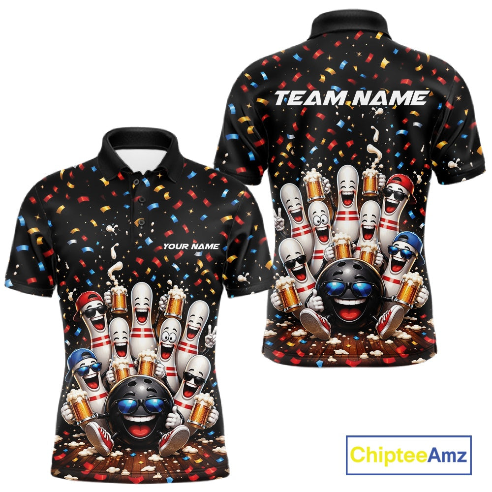 Front and back view of a men's bowling polo shirt mockup featuring funny cartoon bowling balls and animated pins raising frothy beer mugs beneath falling confetti.