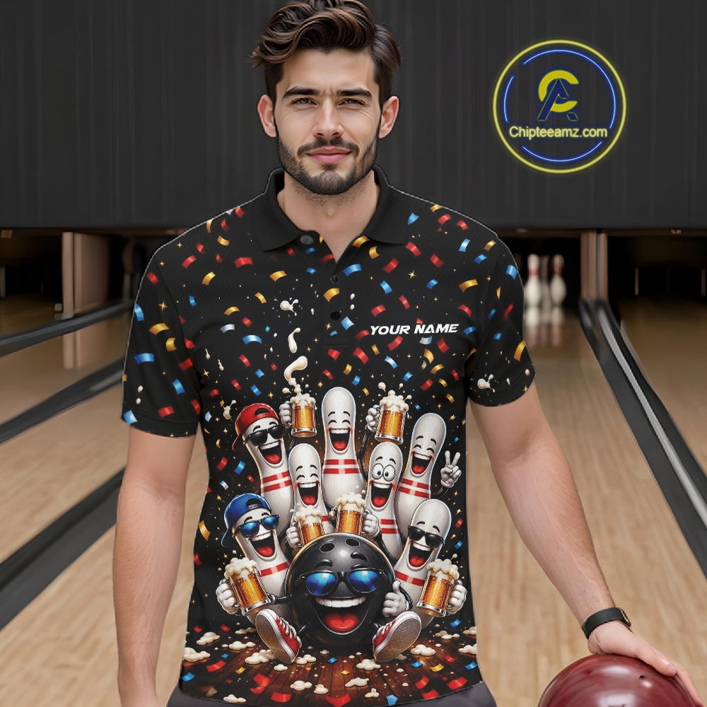Front view of a male model wearing a bowling polo shirt featuring funny cartoon bowling balls and animated pins raising frothy beer mugs beneath falling confetti in a bowling lane.