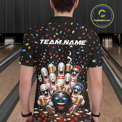 Back view of a male model wearing a bowling polo shirt featuring funny cartoon bowling balls and animated pins raising frothy beer mugs beneath falling confetti in a bowling lane.
