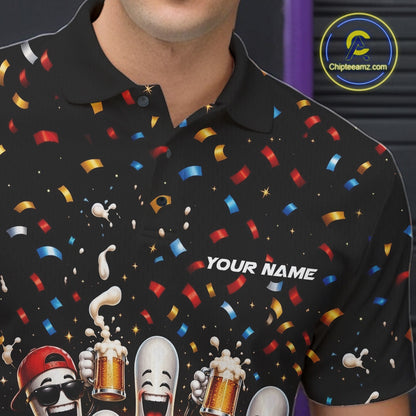 Close-up view of the left chest of a bowling polo shirt featuring funny cartoon bowling balls and animated pins raising frothy beer mugs beneath falling confetti.