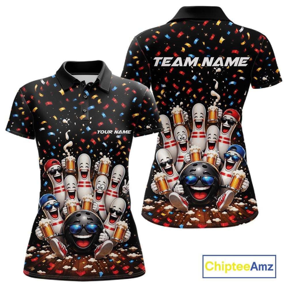 Front and back view of a women's bowling polo shirt mockup featuring funny cartoon bowling balls and animated pins raising frothy beer mugs beneath falling confetti.