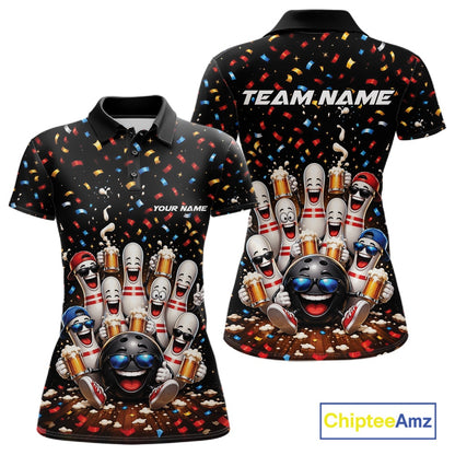Front and back view of a women's bowling polo shirt mockup featuring funny cartoon bowling balls and animated pins raising frothy beer mugs beneath falling confetti.