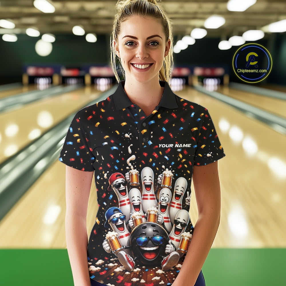 Front view of a female model wearing a bowling polo shirt featuring funny cartoon bowling balls and animated pins raising frothy beer mugs beneath falling confetti in a bowling lane.