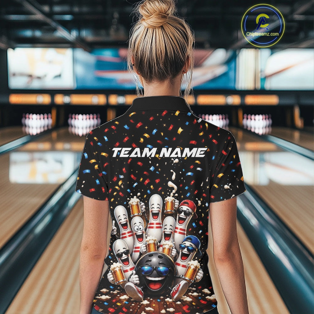 Back view of a female model wearing a bowling polo shirt featuring funny cartoon bowling balls and animated pins raising frothy beer mugs beneath falling confetti in a bowling lane.