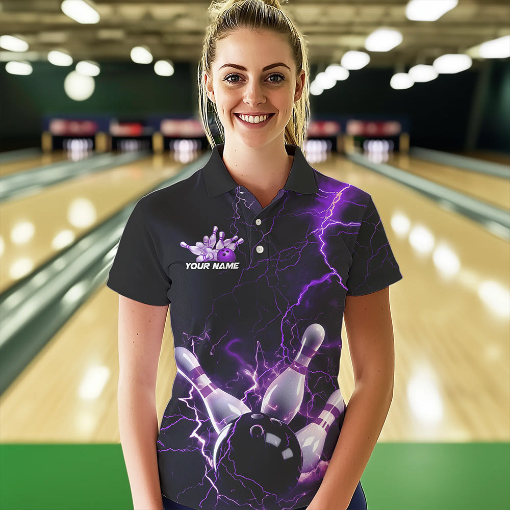 Custom Black And Purple Thunder Lightning Bowling Tournament Polo Shirts For Women IPHW8520