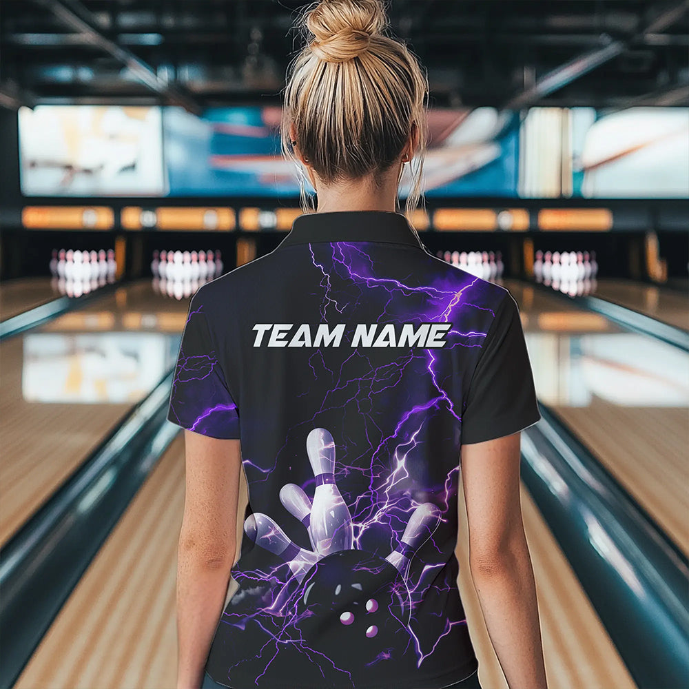 Custom Black And Purple Thunder Lightning Bowling Tournament Polo Shirts For Women IPHW8520
