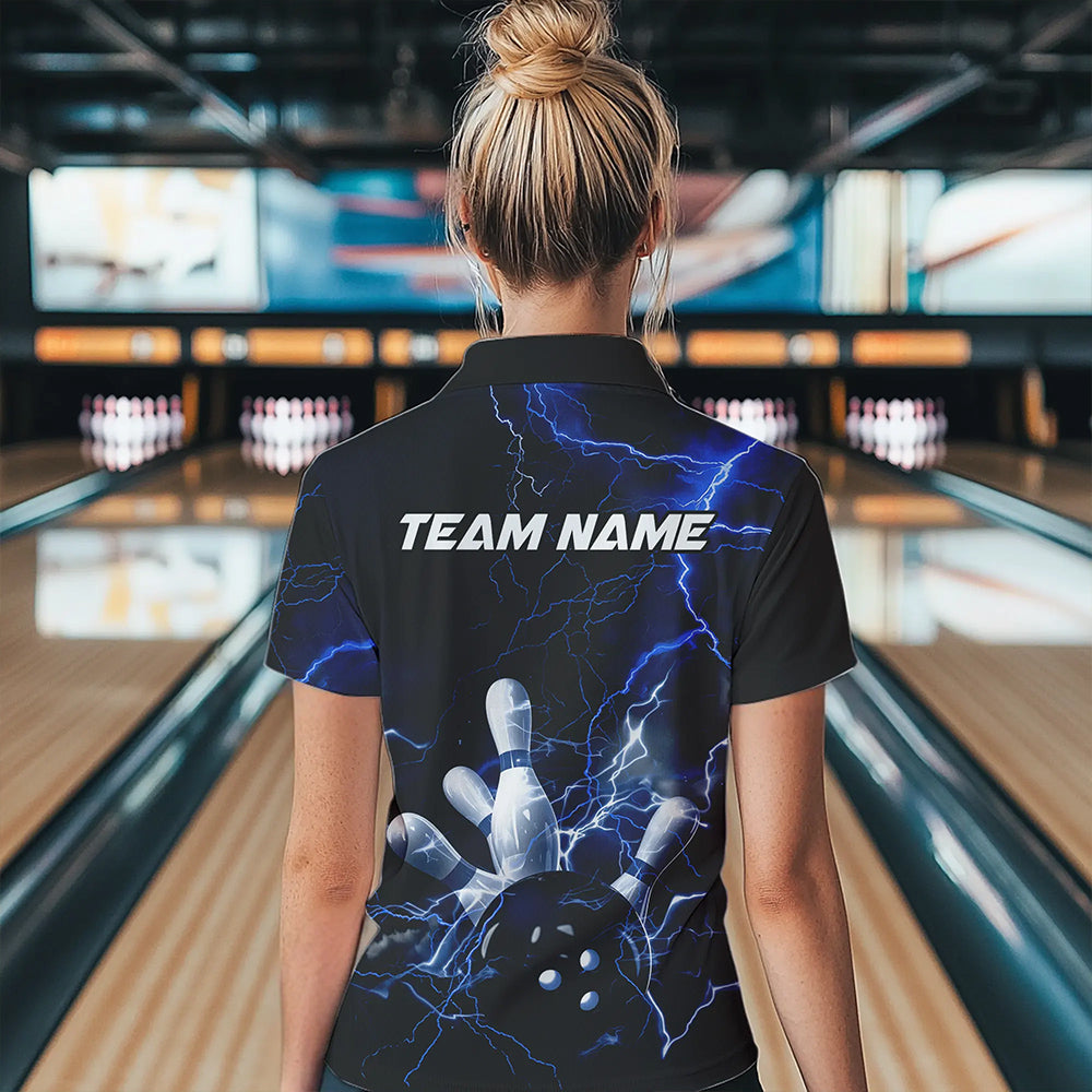 Custom Black And Blue Thunder Lightning Bowling Tournament Polo Shirts For Women IPHW8522