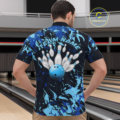 Custom Blue Camo Men Bowling League Shirt, Bowlers Jerseys Bowling Tournament Outfit IPHW10617
