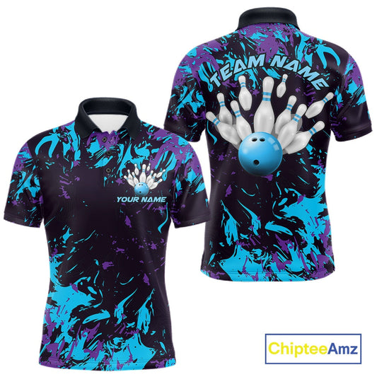 Custom Blue And Purple Camo Men Bowling League Shirt, Bowlers Jerseys Tournament Outfit IPHW10618