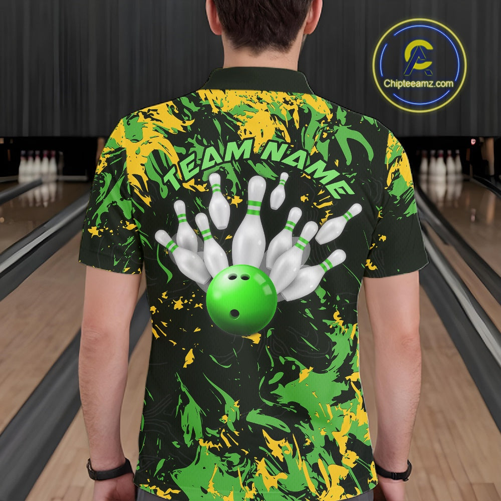 Custom Green And Yellow Camo Men Bowling League Shirt, Bowlers Jerseys Tournament Outfit IPHW10620