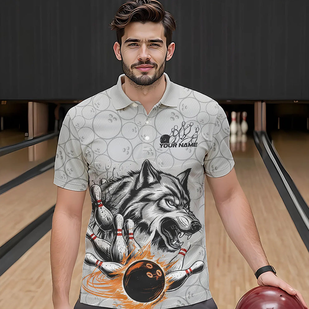 Custom Gray And Red Wolf Bowling Polo Shirts For Men, Wolf Bowling Tournament Shirt IPHW8717